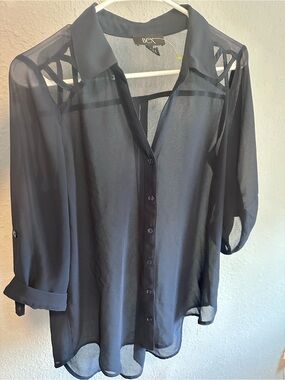 BCX Dark Navy Button-Down Shirt with Shoulder Cutouts